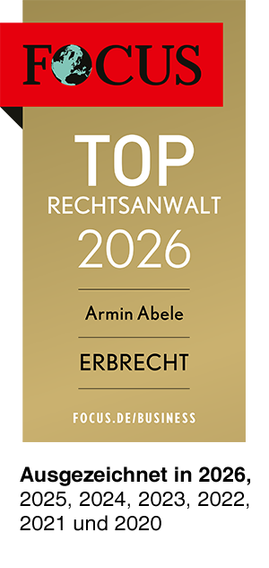 Mittlere Auszeichnung des Magazins Focus als Top-Rechtsanwalt 2025 im Bereich Erbrecht, vergeben an Armin Abele von Dr. Kroll & Partner, ausgezeichnet in den Jahren 2026, 2025, 2024, 2023, 2022, 2021, 2020 und 2019.
